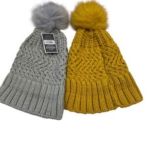NWT West Loop Bundle of Two Women's Pom Hat Knit Cap beanie gray and yellow gold